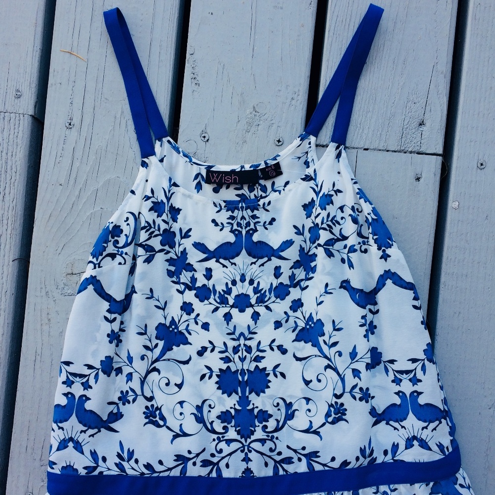 Blue and White Bluebird Silk Camisole Tank